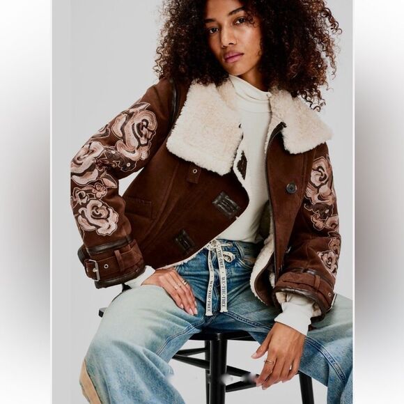Free People Andies Vegan Moto Jacket We The Free Faux Fur Brown Floral - Picture 2 of 9